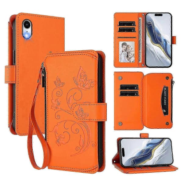 Plånboksfodral för iPhone XR Broderad Fjäril 5 Kort ..._c* Orange