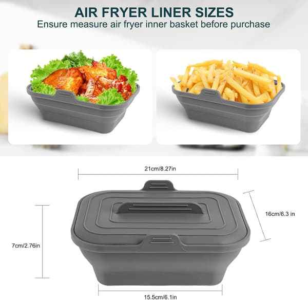 Sammenfoldelig silikone airfryer-indsats, 8,2 tommer (ca. 21,9 cm), pande til 5,8 til 8 quarts (ca. 21,9 cm), bageplade, ovntilbehør, grå 2 STK.