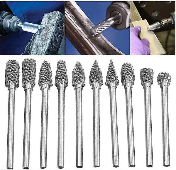 10 stk. dobbeltkuttede roterende bor i solid wolframkarbidstål, sett med 3 mm skaft, vribor for