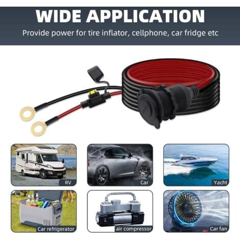 12V/24V Cigarette Lighter Socket Extension Cable, Fixed Threaded Female Connector to O-Ring Terminal, with Waterproof Cap and 20A Fuse (3M)