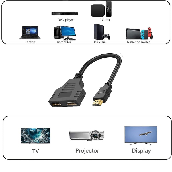 Splitter för dubbla bildskärmar, svart HDMI dubbeladapter, HDMI splitter 1 in 2 ut, perfekt för HDMI HD, led, lcd, tv, stöder två tv-apparater samtidigt, S