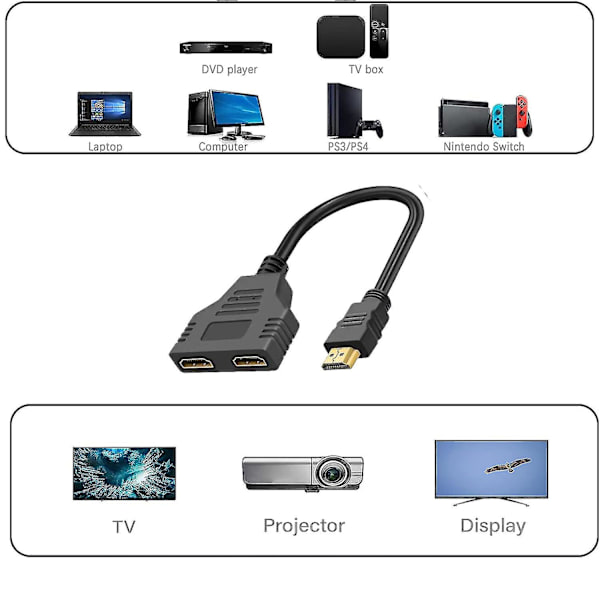 Splitter för dubbla bildskärmar, svart HDMI dubbeladapter, HDMI splitter 1 in 2 ut, perfekt för HDMI HD, led, lcd, tv, stöder två tv-apparater samtidigt, S