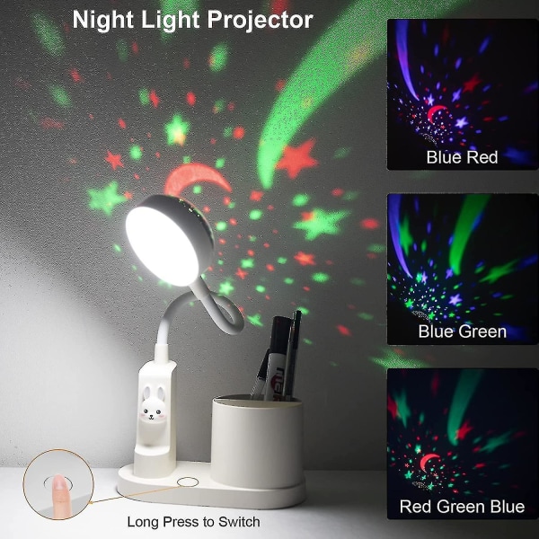 Bordlampe for barn, LED-bordlampe med penneholder og stjerneprojeksjon 3 lysstyrkenivåer Nattlys til soveromsgave White