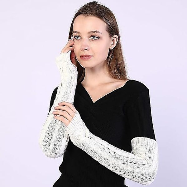 Dam vinter varma över armbåge långa fingerlösa tumhål handskar fingerhandskar stickade varma armskydd, 50 cm