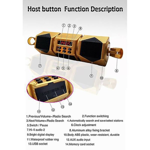 Motorcykel MP3-afspiller Styr Højttaler Bluetooth Musik FM Radio Vandtæt Justerbar Bracket Cykel Golden