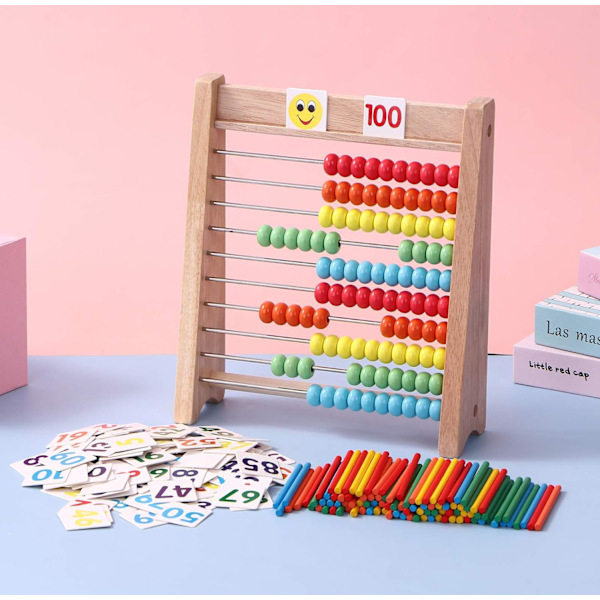 Træ Abacus til Børn Matematik med 100 Tællesticks og Nummer Legetøjskort 1-100, Læringsmæssige Matematikspil Førskole Læring Legetøj, Matematik Manipulativer