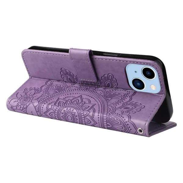 För iPhone 14 Plus 7-bladiga Blommor Prägling Läderfodral Light Purple