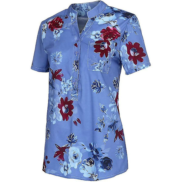 Blommiga toppar för kvinnor 2023 Button Down Mode Casual Lång-/kortärmade skjortor Blus Blue X-Large