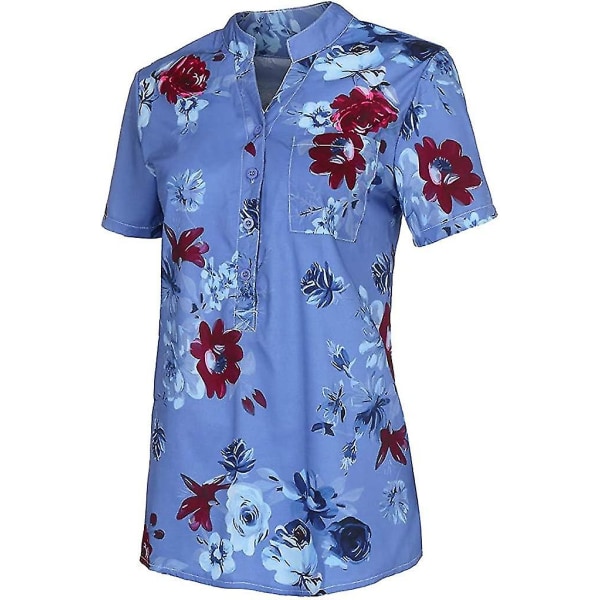 Blomstertoppe til kvinder 2023 Button Down Fashion Casual skjorter med lange/korte ærmer Bluse Blue Small