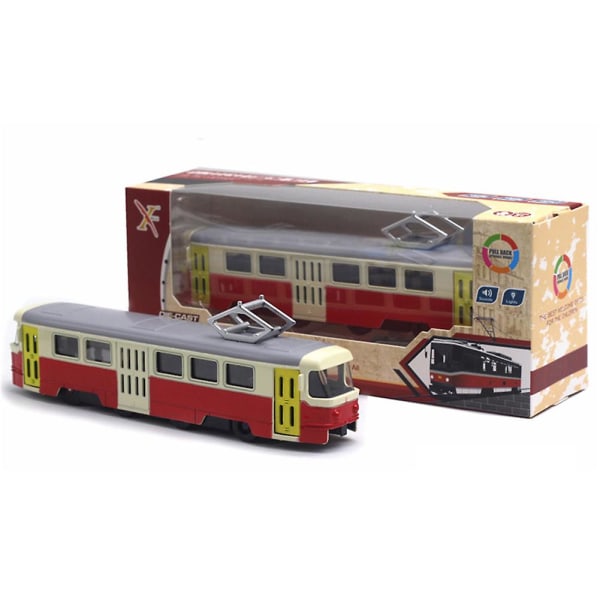 Klassisk tågspårvagn Diecast Pull Back modell med led musik utvecklingsbarn leksak Red Grey