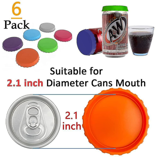Sodavandsdåselåg, 6-pak genanvendelige silikonedåsedæksler til sodavand/drik/øl, passer til standard sodavandsdåser (flerfarvet)