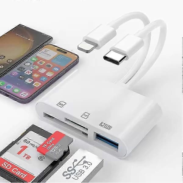 5-i-1 SD Hukommelseskortlæser til iPhone Androids Kamera, USB C og Lightning Dobbeltport SD Kortadapter, Understøtter SD/micro SD/USB 3.0