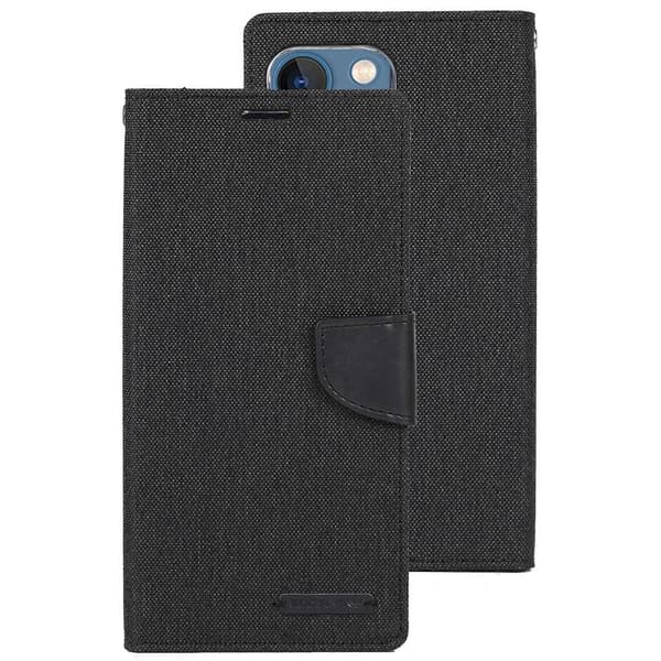För iPhone 14 Plus GOOSPERY CANVAS DIARY Canvas Textur Flip Läder Telefonfodral Black