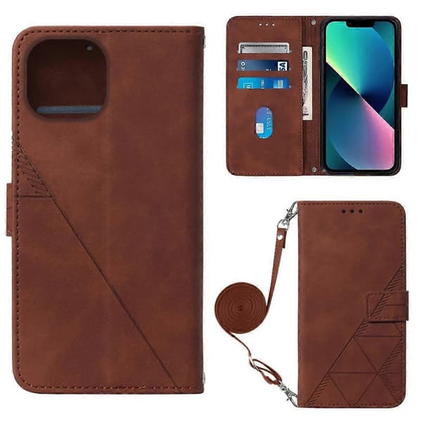 Crossbody 3D præget flip læder telefoncover til iPhone 14 Plus Brown