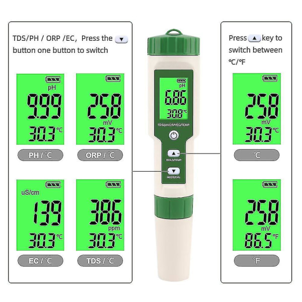 5 i 1 Ph/tds/ec/orp/temperaturmåler Digital vandkvalitetstester til pools, drikkevand
