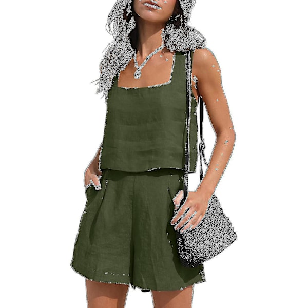 Naisten 2-osaiset asut yhteensopivat setit, pellavashortsit Crop Topit set Green S