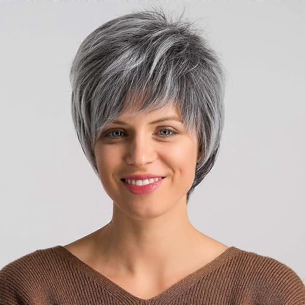 Kort silverfärgad Pixie-peruk för kvinnor, värmebeständig lockig Bob-stil med justerbar ventilerande mössa