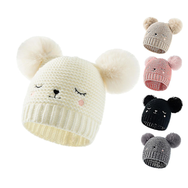 Autumn And Winter Baby Wool Hat Pure Colour Double Ball Acrylic Embroidered Children's Knitted Hat pink