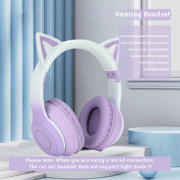 Trådlösa spelheadset via Bluetooth 5,1/3,5 mm AUX-kabel, hopfällbara hörlurar med 7 färger LED-lampor och 4 LED-lägen för flickor, vuxna (violetta)