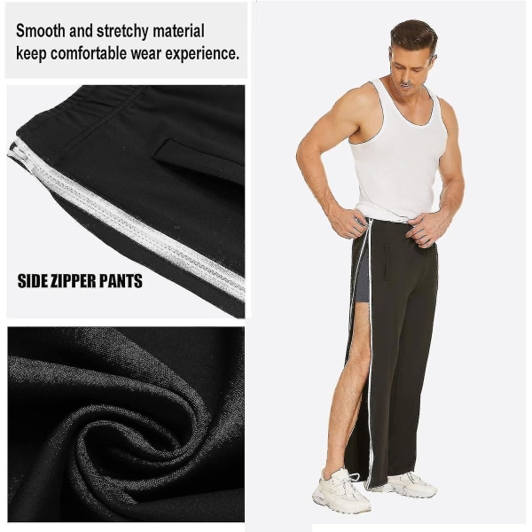Træningsbukser til mænd med lynlås i fuld længde, joggingbukser, afrivningsbukser, fritidsbukser, løse, afslappet sportstøj med lomme Black XL