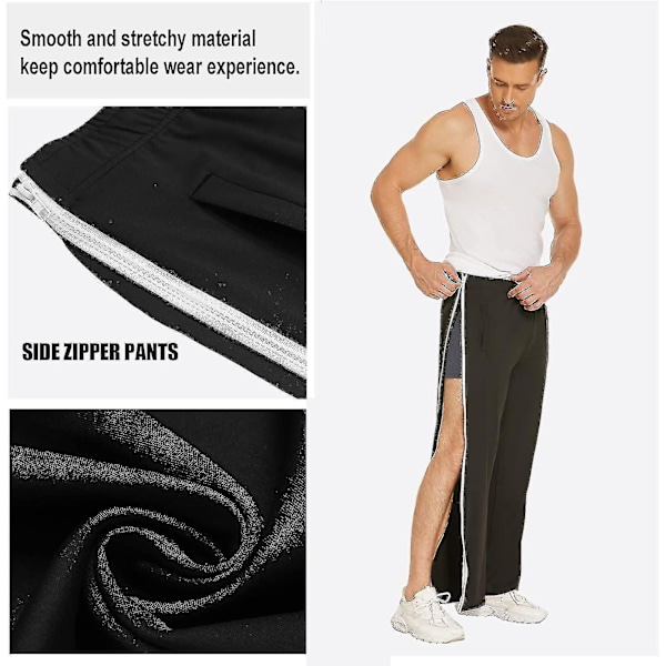 Träningsbyxor för män med dragkedja i hel längd, joggingbyxor, avrivna byxor, fritidsbyxor, lösa, casual med ficka Black M