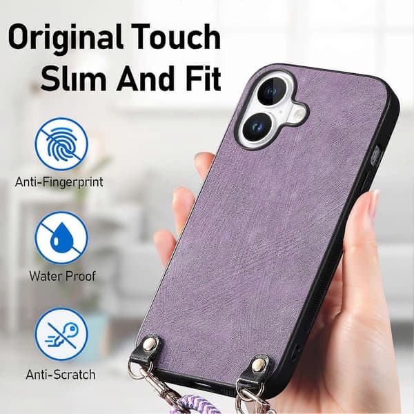 Retro læder telefonbagside til iPhone 16 med justerbar rem Purple