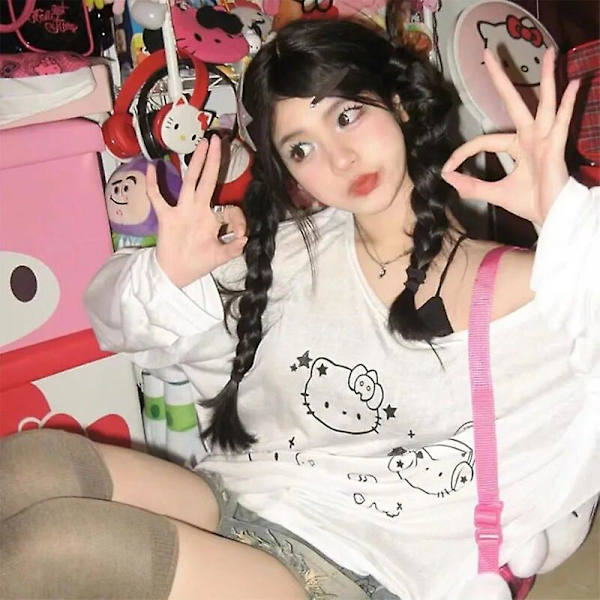 Kawaii Sanrio Anime Ny Hellokitty Långärmad Tunn T-shirt Tidig Höst Söt Cartoon Flicka Lös Mångsidig Casual Topp HelloKittyed M