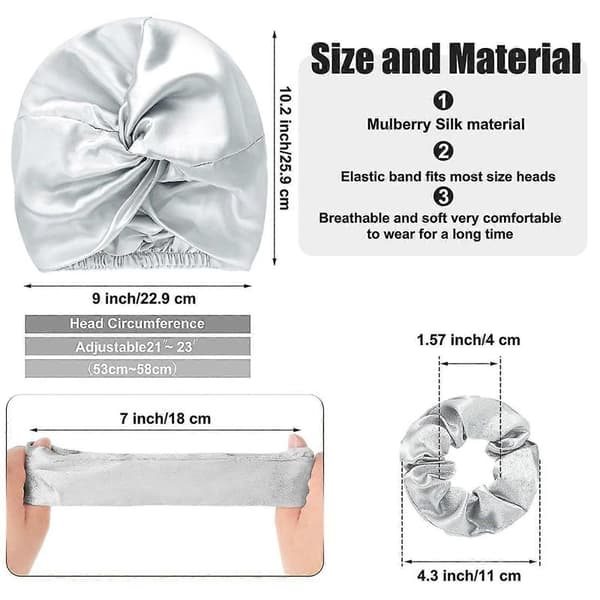 6 Dele Silkehætte Silkehårindpakning Til Søvn Og Naturlig Silkescrunchie Blød H Gray  Beige
