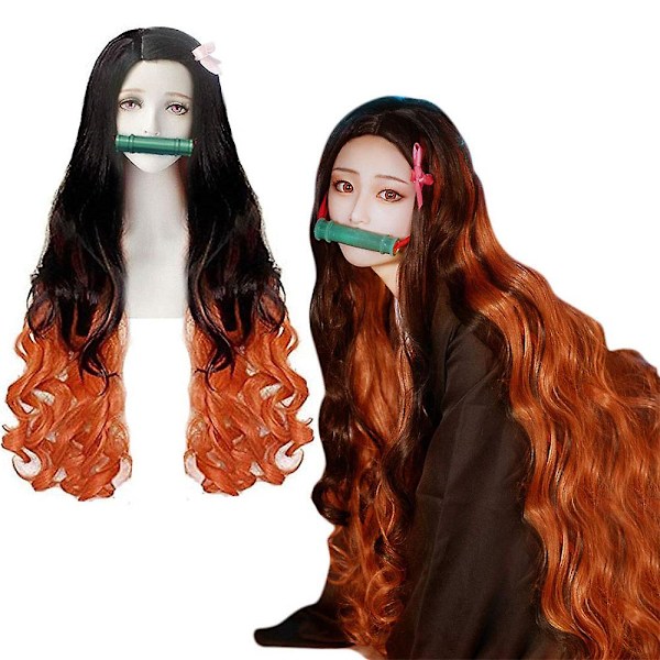 Demon Slayer Kamado Nezuko Cosplay Peruk Anime Lång Vågigt Orange Och Svart Syntetiskt Hår Peruker Halloween Fest Kostym Rekvisita