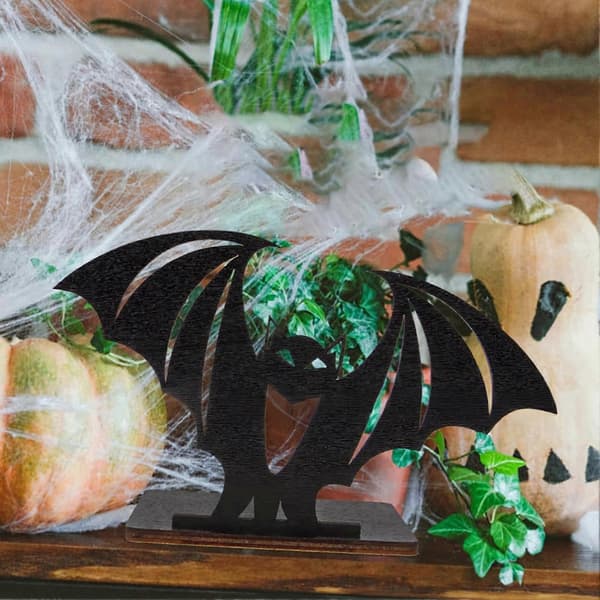 Flaggermus telysholder - Solid tre Halloween-pynt for skrivebordsdekor Black