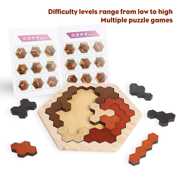 Trähexagonpussel för barn och vuxna, färgglada formpusselblock Tangram Brain Teaser Toy Geometry Logic IQ-spel Present för barn i alla åldrar