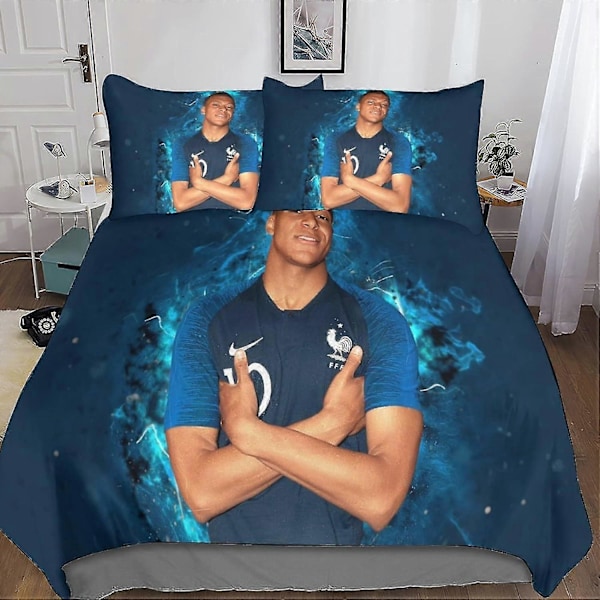 Mbappé Täcke Set 3D Tryckt Sängkläder Fotboll Superstjärnor Quilt Cover, Mjuk Mikrofiber Pojkar Och Flickor Dubbel Single135x200cm