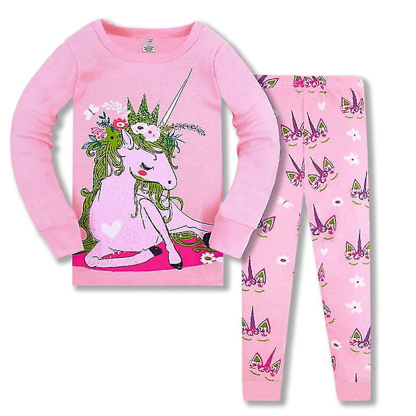 Toppmärkes Pyjamas för Barn, Sömnkläder, Barnkläder i Bomull, Pojkar & Flickor, Set med Bilar, Trendig Topp + Byxor, tb711 Rosa Enhörning 5T