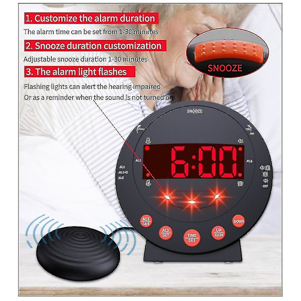 Dövstum/Sovhorns/Äldre väckarklocka - Extra högljudd vibrerande väckarklocka med sängvibrator för sovrummet