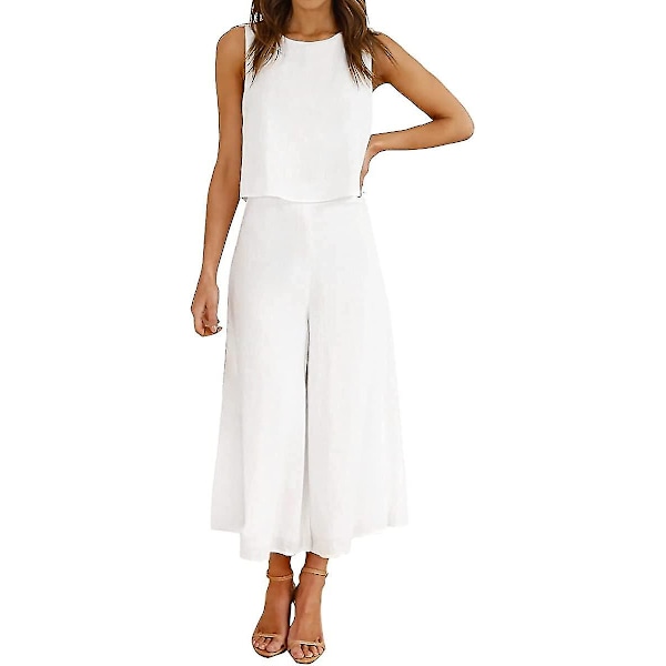 Roylamp Sommer-outfits til kvinder i 2 dele Rundhalset Crop Basic Top Beskåret Bukser med brede ben, Jumpsuits White X-Small