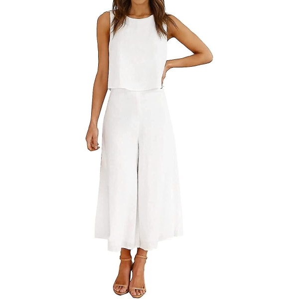 Roylamp sommerantrekk for kvinner i 2 deler Rundhalset Crop Basic Topp Beskåret buksesett med brede ben, Jumpsuits White X-Small