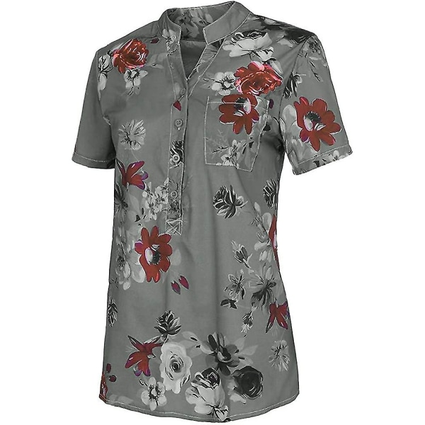 Blomstrete topper for kvinner 2023 Button Down-mote Uformelt Skjorter med lange/korte ermer Bluse Gray 4X-Large