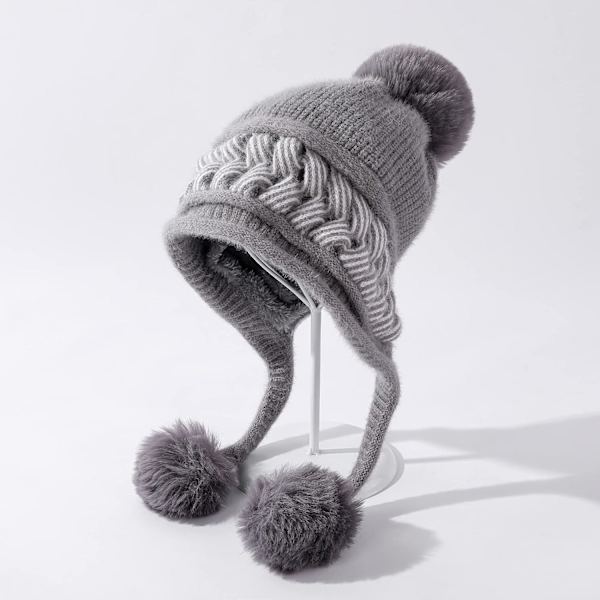 Dam vinter Peruvian öronbeklädnad Beanie Hat Öronklaffar Sherpa Skidmössa Stickad Fleecefodrad 3 Pom Grey One Size