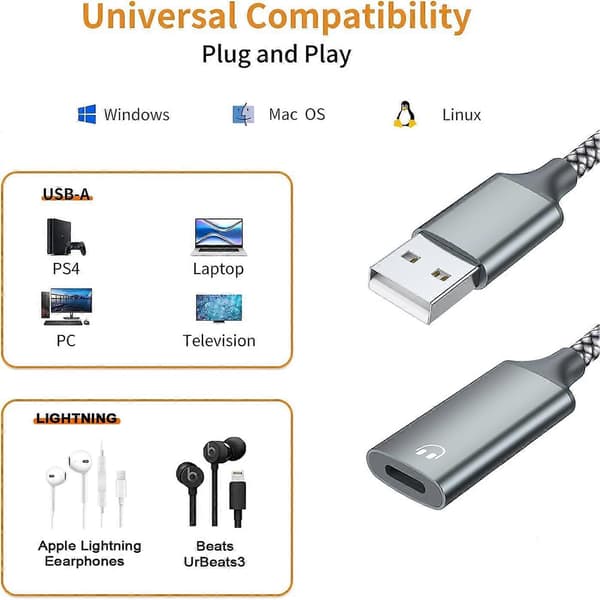 til Lightning lydadapterkabel USB 3.0 hann til Lightning hunn HiFi lydhodetelefonkonverter passer med USB A MacBook datamaskin PC Sup