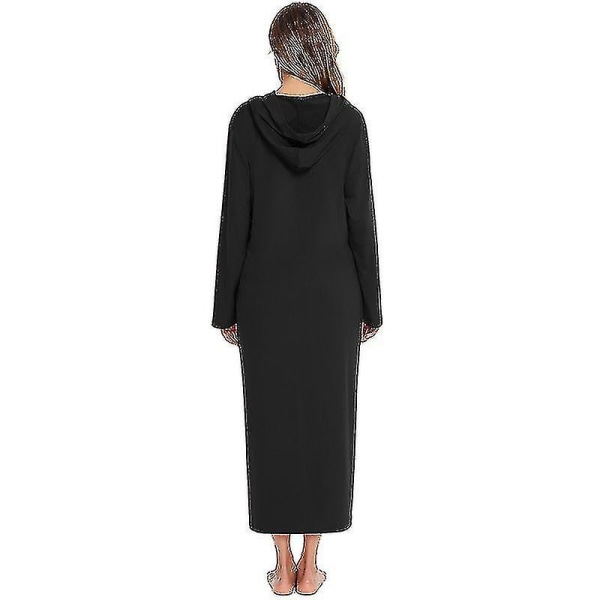 Lang hættetrøje Badekåbe til kvinder med lommer - Zip Up Robe Natkjole Housecoat liggestol Black L