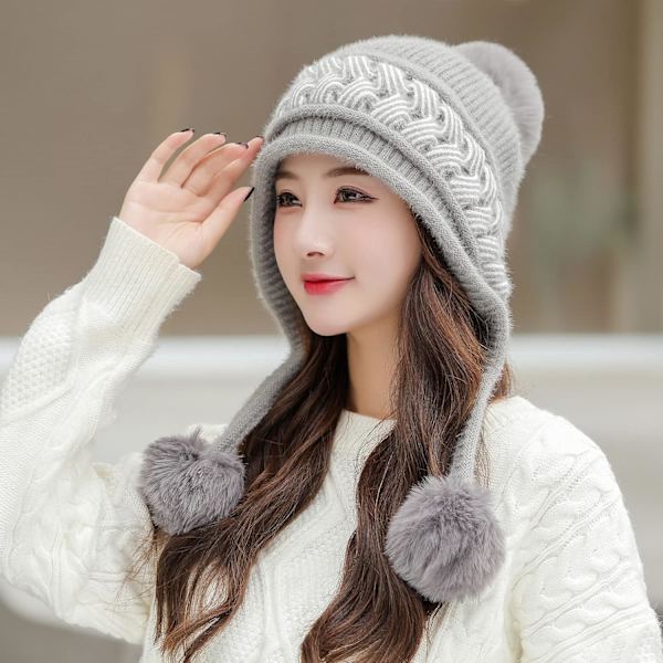 Dam vinter Peruvian öronbeklädnad Beanie Hat Öronklaffar Sherpa Skidmössa Stickad Fleecefodrad 3 Pom Grey One Size