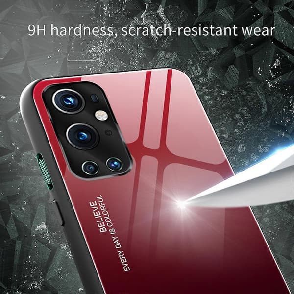 Gradient Härdat Glas Skal TPU Ram Baksida för OnePlus 9 Pro Red Black