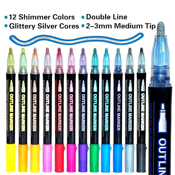 Shimmer Markers Doodle Outline Dazzles: 24 färger Metallic Double Line Glitter Pens Set Super Squiggles Sparkle Dazzlers
