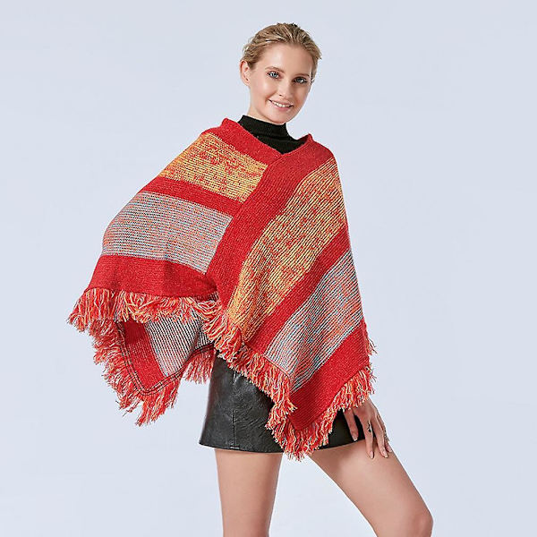 Varm lös sjal pullover stickning poncho med tofs fladdermus blus för dam etnisk stil