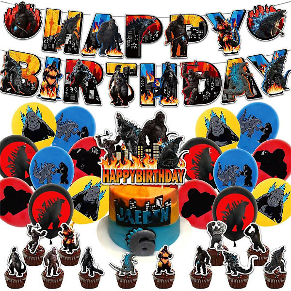 Godzilla vs Kong tema födelsedagsfest dekoration tillbehör set ballonger banderoll kit tårta cupcake toppers presenter