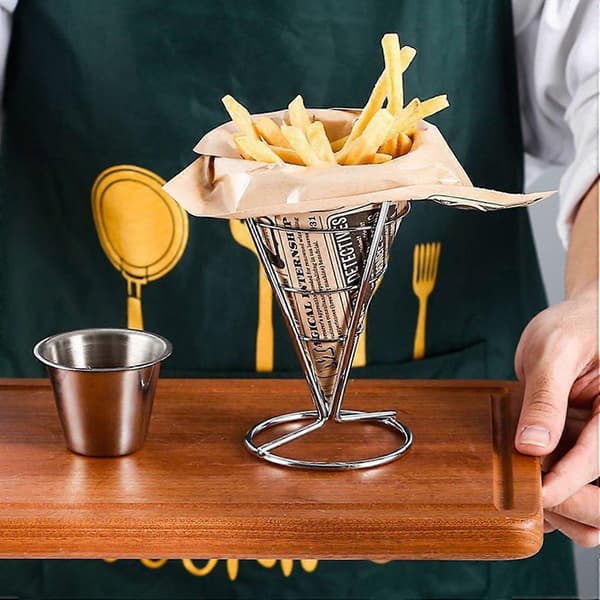 Pommes frites-stativ Slitesterk metallchip Rustfritt uthulet med koppholder Stekt kyllingdisplay B