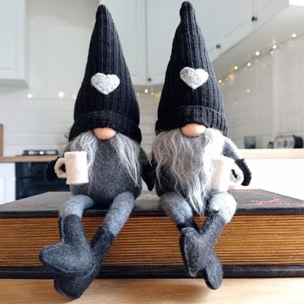 2 stk Nisser Plysj Bardekor, Håndlaget Svensk Tomte Gaver Farmhouse Skandinavisk Figur Nisse for Hjem Kjøkken Kaffestasjon Bord Hylle (Brun) Black