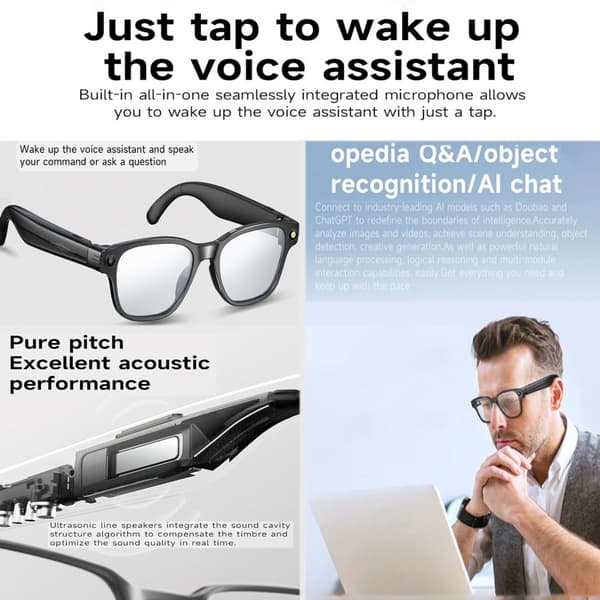 Smart AI Glasses with HD Camera, Noise Reduction, and Real-time Translation - Compatible with Android and iOS Transparent
