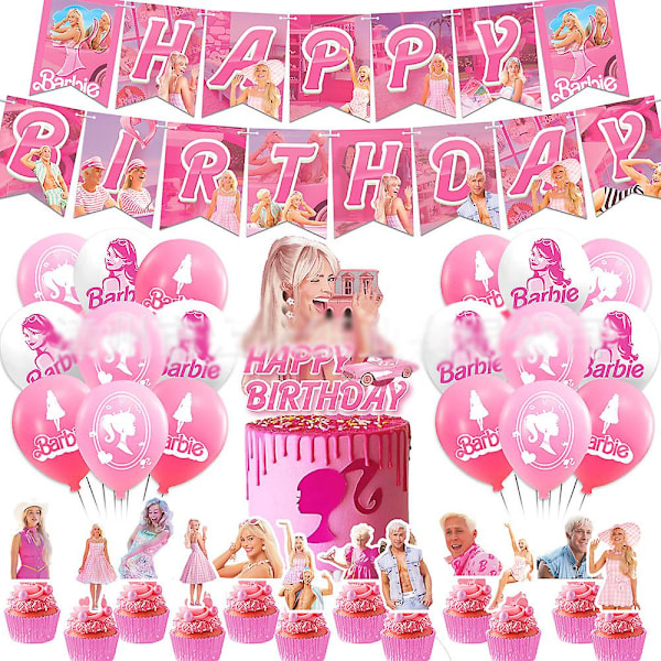 Barbie-filmtemafest rosa dekorasjonsartikler banner ballonger sett kake cupcake toppers sett