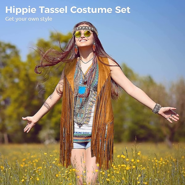 Hippie kostumesæt, 60'er 70'er kvinder Hippie kostume tilbehørssæt, inkluderer kvastvest & Boho pandebånd og kvast øreringe og solbriller, ærmeløs frin